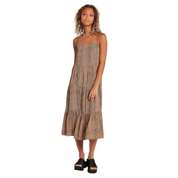 Volcom | Women's Snakedown Animal Print Tiered Midi Dress Size Small - Picture 1 of 6